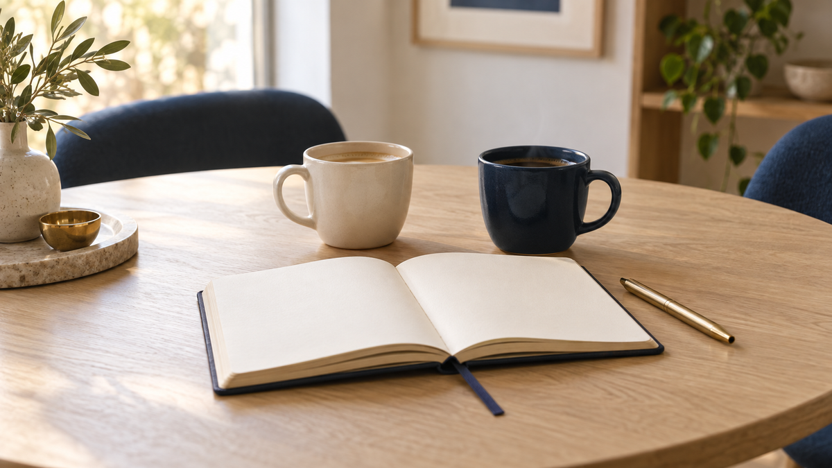 Zwei Kaffeetassen und ein aufgeschlagenes leeres Notizbuch auf einem hellen Besprechungstisch.