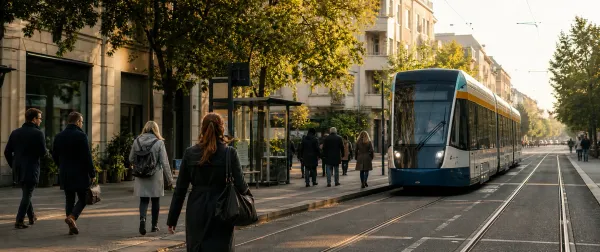 Straßenbahn und Berufspendler an einem Morgen in einer deutschen Stadt