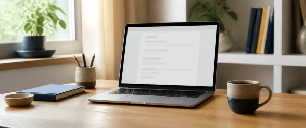 Laptop mit geöffneter E-Mail auf einem hellen Schreibtisch