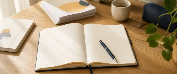 Offenes Notizbuch und Stift auf einem hellen Schreibtisch