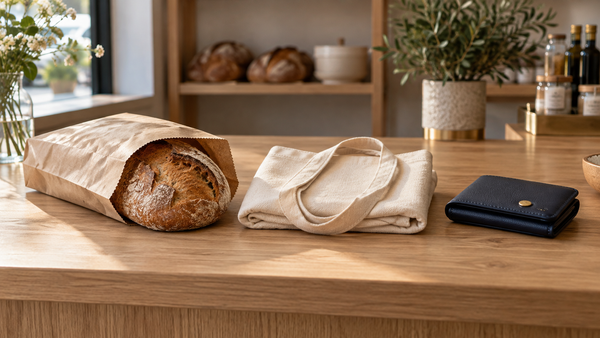 Brot in einer schlichten Papiertüte, eine helle Stofftasche und ein geschlossenes dunkelblaues Portemonnaie auf einer hellen Holztheke.