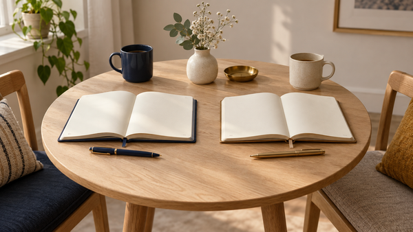 Zwei aufgeschlagene Notizbücher mit leeren Seiten und ein dunkelblauer sowie ein goldfarbener Stift auf einem runden hellen Holztisch.