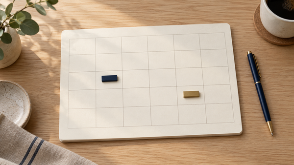 Unbeschrifteter Plan mit leeren Kästchen, einem dunkelblauen und einem goldfarbenen Marker sowie einem Stift.