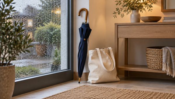 Geschlossener dunkelblauer Regenschirm und helle Stofftasche neben einem Fenster mit Regentropfen.