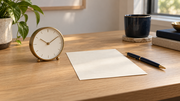 Schlichte analoge Uhr mit Strichmarkierungen, ein unbeschriftetes Blatt und ein dunkelblauer Stift auf einem hellen Holztisch.
