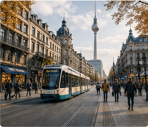 Straße in Deutschland mit Tram und Fußgängern